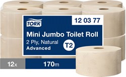 Tork Mini Jumbo toiletpapier T2 Advanced Naturel 120377 2lgs. 170m Doos 12 rol
