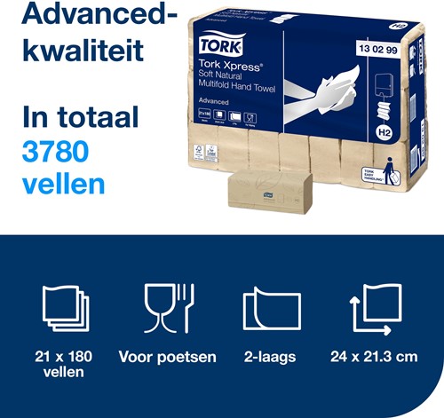 Tork Xpress handdoek H2 Advanced soft naturel 130299 2lgs. 21x24cm Pak 21x180 stuks-3