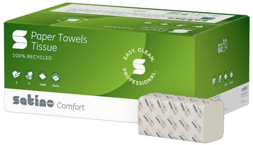 Satino comfort V-handdoek PT3 hoogwit 2lgs 100% recycled ^ 25x23cm. Doos 20x160 stuks