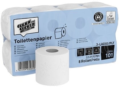 Clean and Clever SMA101 toiletpapier wit 3lgs recycled 250vel. Pak 8x8 rol