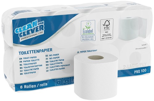 Clean and Clever PRO100 toiletpapier wit 2lgs. 250vel Pak 8x8 rol