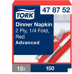 Tork dinnerservet 1/4 vouw Advanced soft rood 478752 2lgs. 39x39cm Doos 12x150 st.