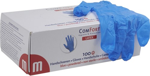 ComFort handschoenen + Latex gepoederd Mt:M blauw Box 100 stuks