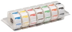 Daymark vierkante dagstickers 25x25mm, dispenser. 7x1000st. HACCP voedselveiligheid