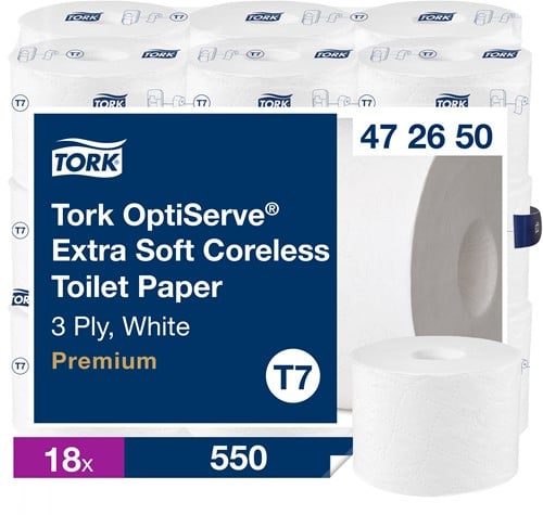 Tork Coreless toiletpapier T7 Premium wit, zacht 472650 3lgs. 63.3m Pak 18x550 vel
