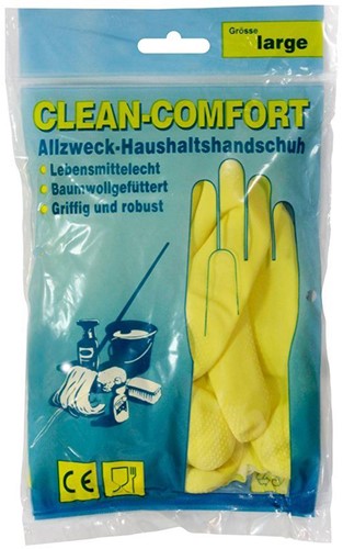 Clean-Comfort handschoenen Latex geel, poedervrij. Mt:L ^ Herbruikbaar. Doos 144 paar