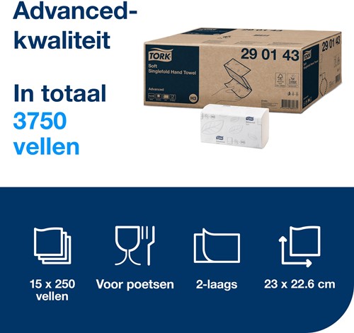 Tork Z-vouw handdoek H3 Advanced wit 290143 2-laags 23x22 cm 15x250-3