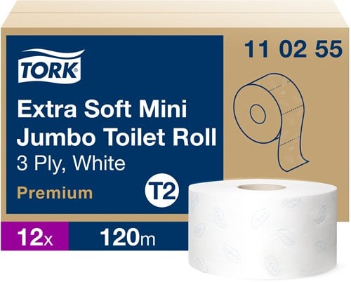 Tork Mini Jumbo toiletpapier T2 Premium Xtrasoft wit 110255 3lgs. 120m. Doos 12 rol